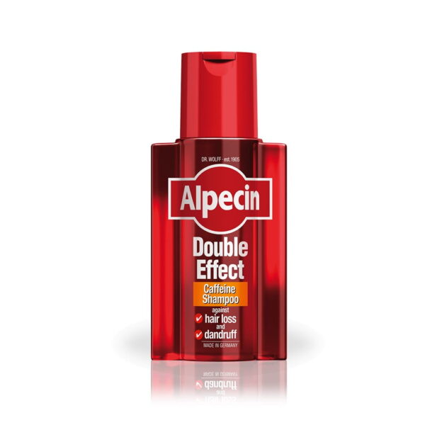 شامپو ضد شوره و تقویت کننده آلپسین مدل Double Effect Caffeine در بسته‌بندی 200 میلی لیتر، مناسب برای کاهش شوره و تقویت مو با فرمول کافئین.